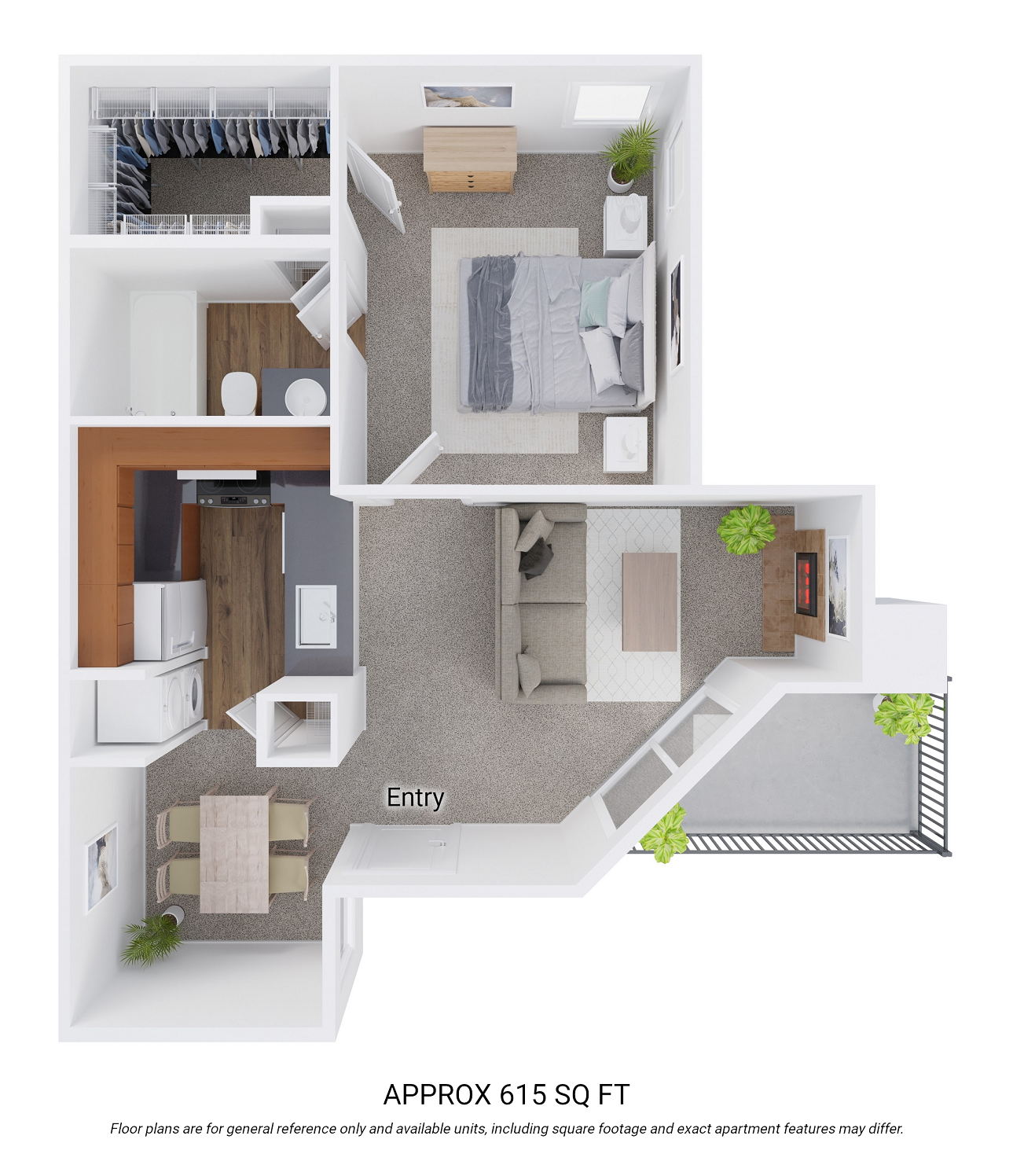 Floor plan for 1 bed, 1 bath, 615 sqft